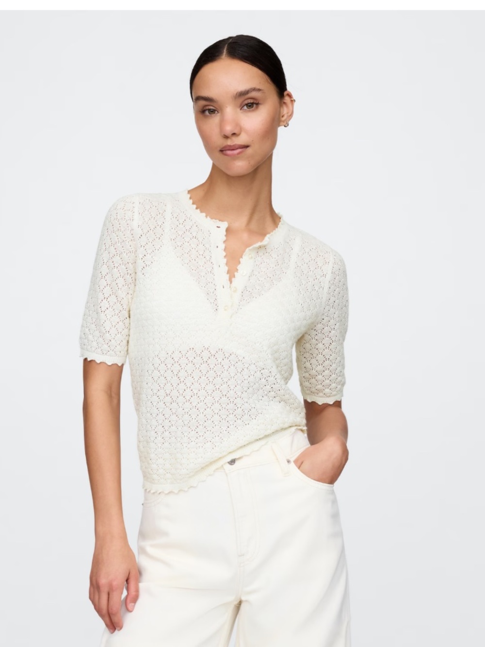 GAP Cream Open-Knit Short Sleeve Polo Top